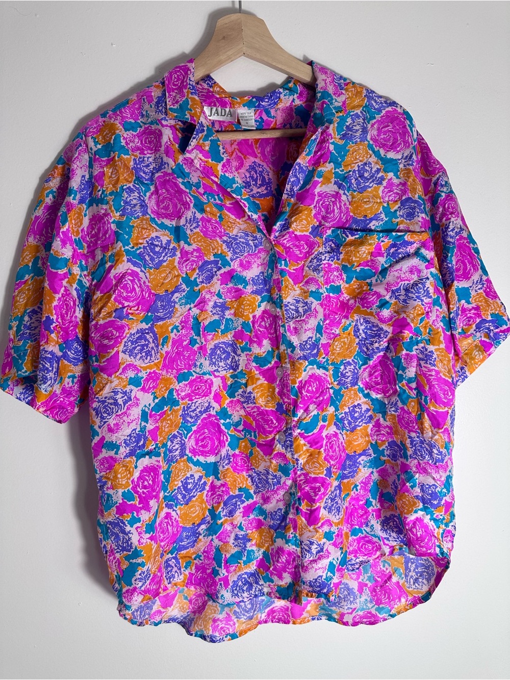 Vintage Jada Silk Pink Floral Short-Sleeve Collared Blouse